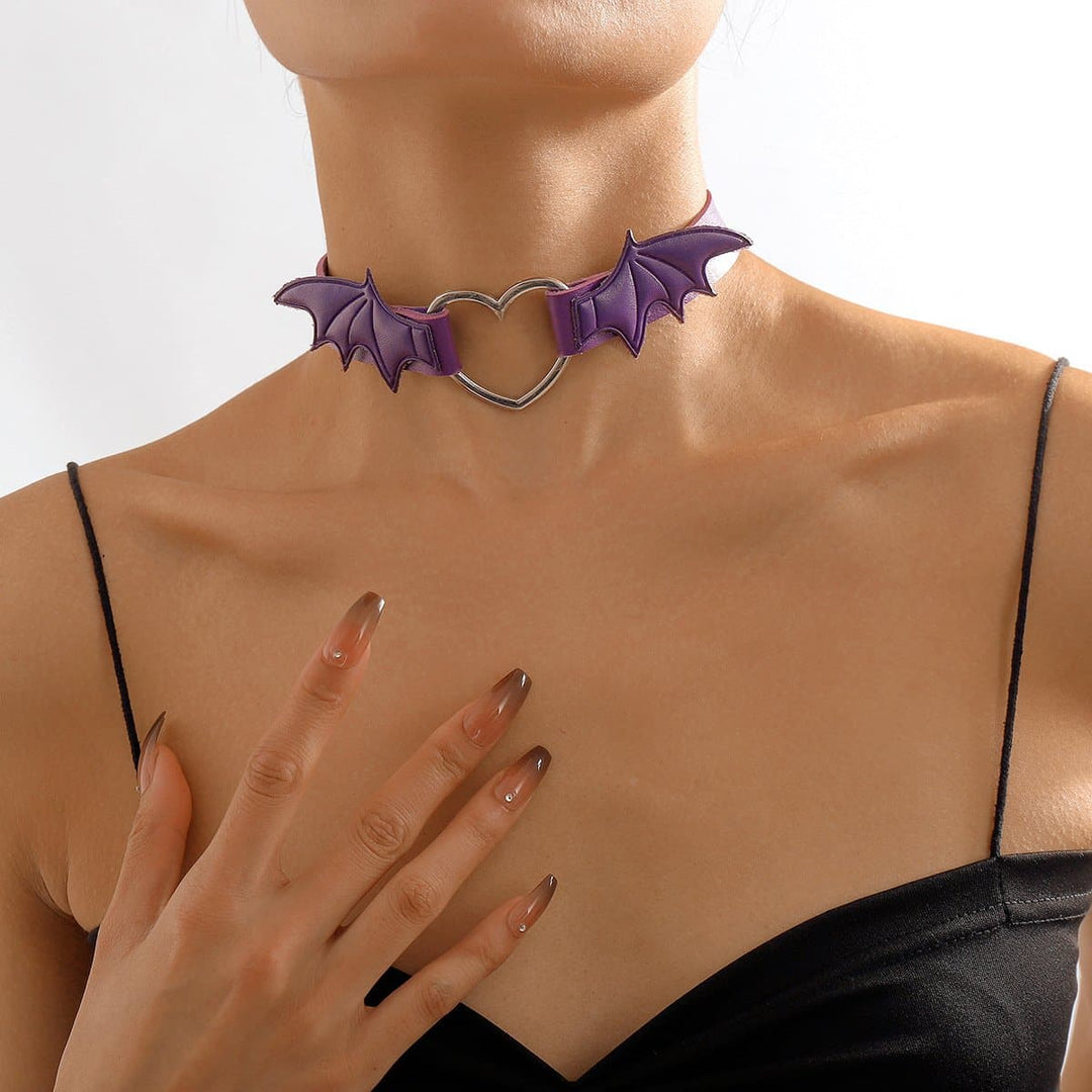 Wing heart ring button PU choker necklace