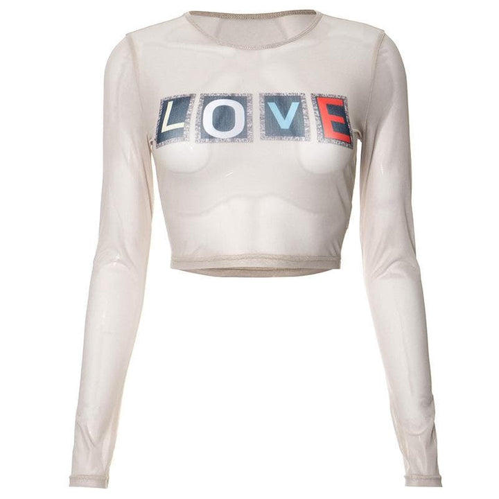 Long sleeve "LOVE" pattern crewneck sheer mesh crop top | Mesh Long Sleeve Crop Top  | Festival Outfits Women