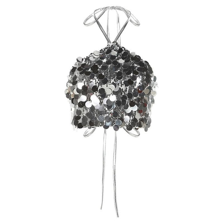 Halter self tie glitter backless textured crop top