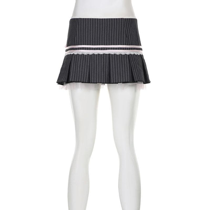 Bowknot lace hem pleated button striped print mini skirt  | Festival Outfits Women
