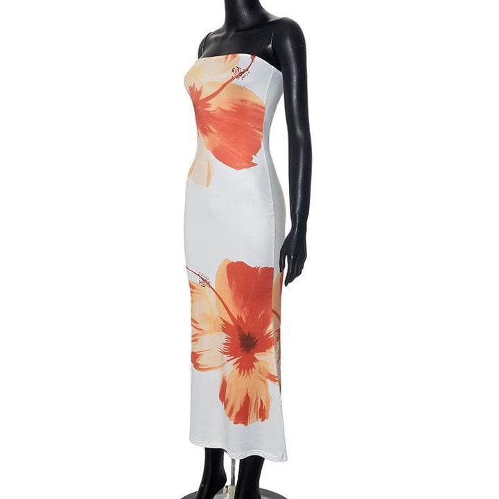 Satin flower print backless contrast tube midi dress  | Festival Outfits Women