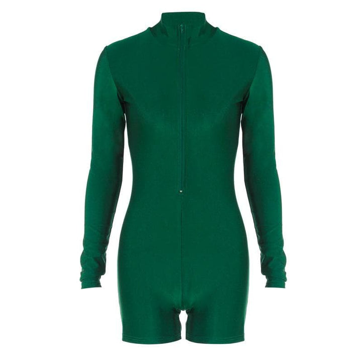 Zip-up solid long sleeve high neck romper  | Festival Outfits Women