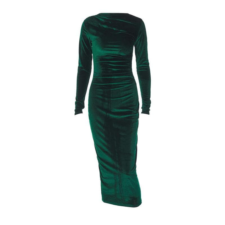 Velvet solid ruched long sleeve midi dress  | Festival Outfits Women