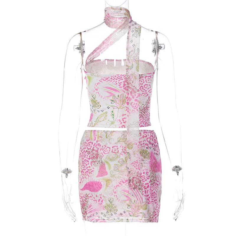 Halter contrast leopard print ribbon mini skirt set  | Leopard Print Mini Dress