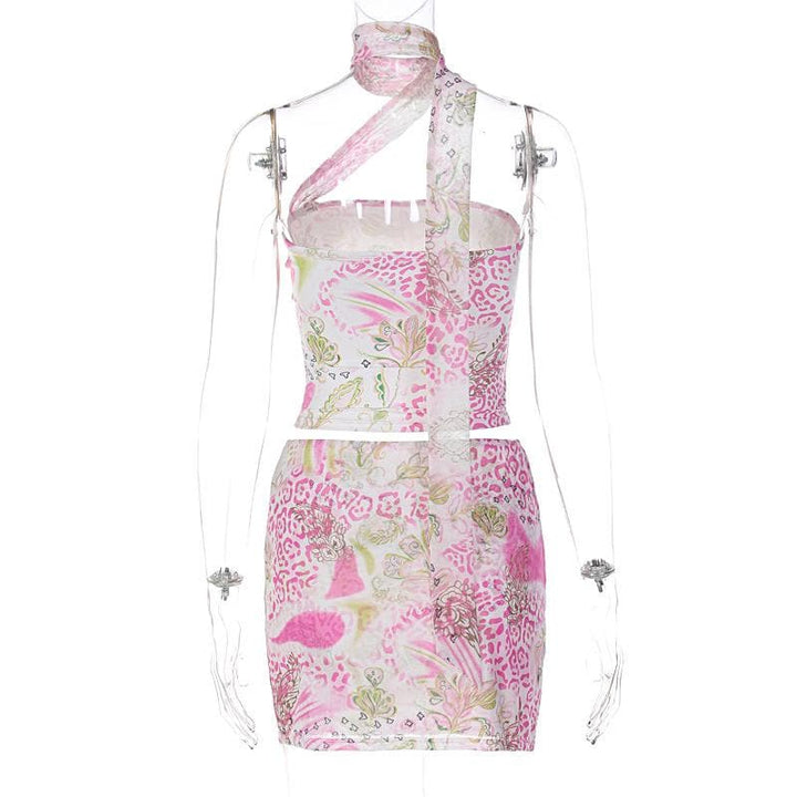 Halter contrast leopard print ribbon mini skirt set  | Leopard Print Mini Dress