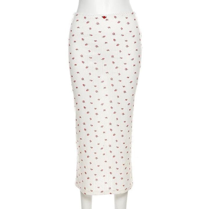 Flower print u neck sleeveless low rise lace hem midi skirt set