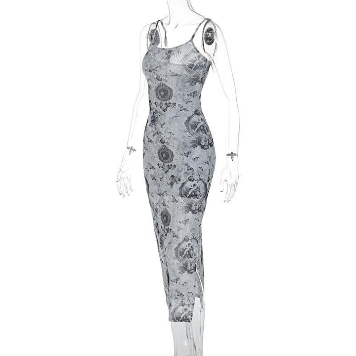 Slit contrast print sheer mesh see through u neck cami midi dress