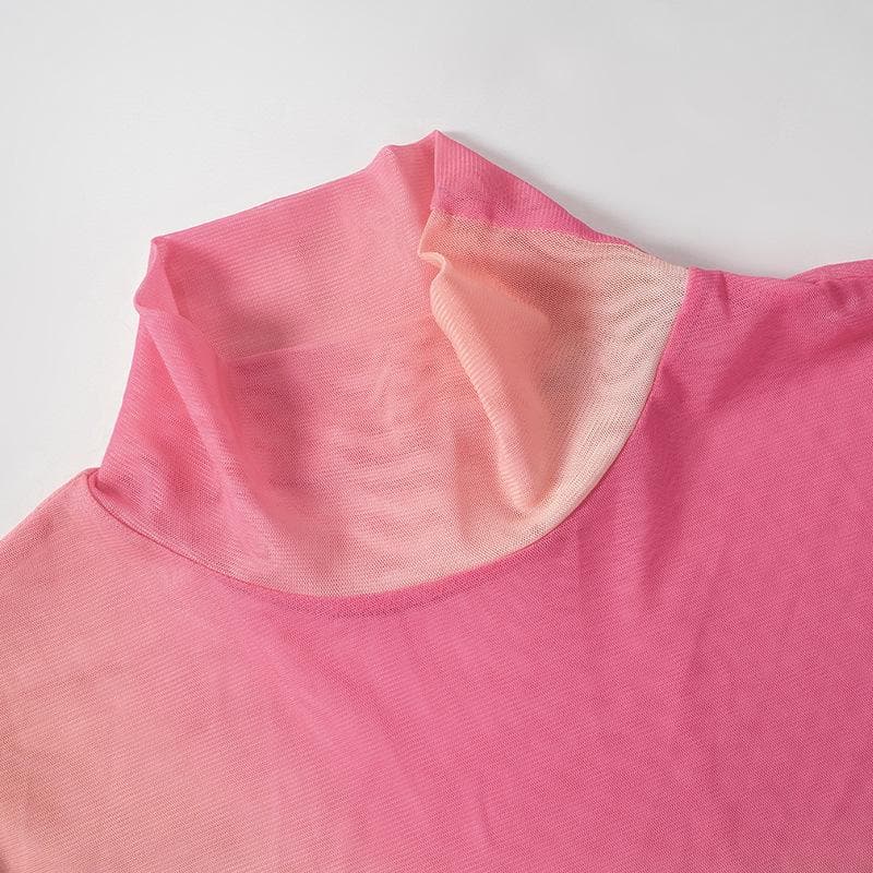 Long sleeve high neck print sheer mesh contrast top  | Festival Outfits Women