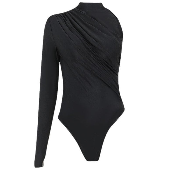 One shoulder ruched irregular high neck solid bodysuit