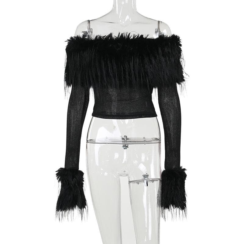 Furry patchwork off shoulder long sleeve solid top  | Festival Outfits Women