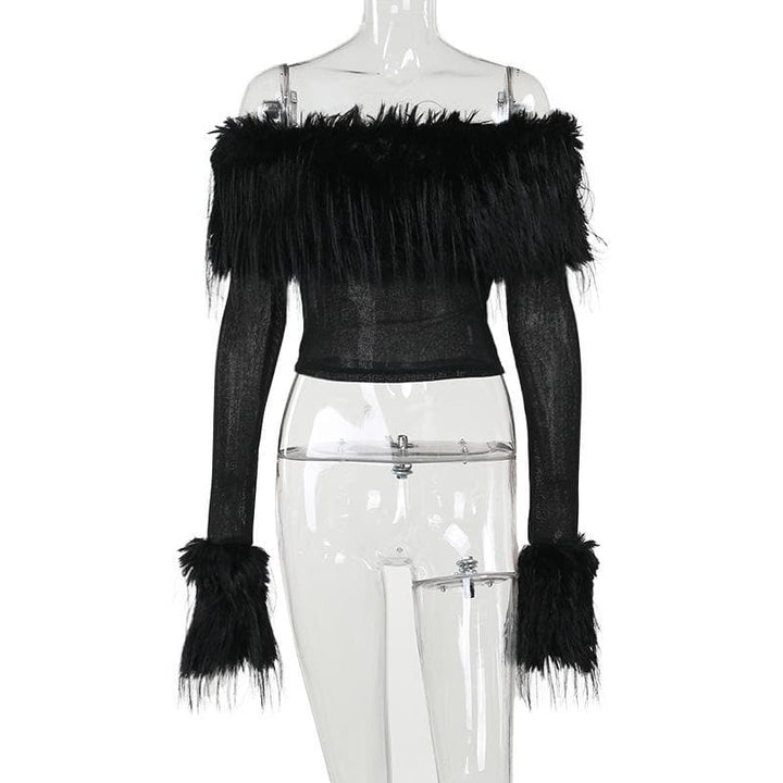 Furry patchwork off shoulder long sleeve solid top  | Festival Outfits Women