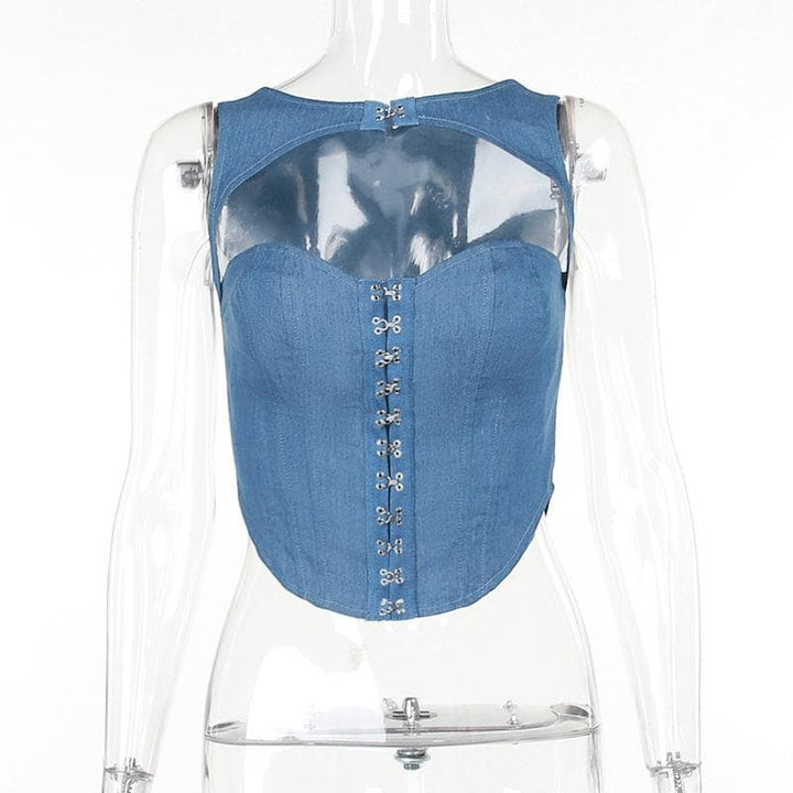 Hollow out button sleeveless corset low cut denim cut out top  | Festival Outfits Women