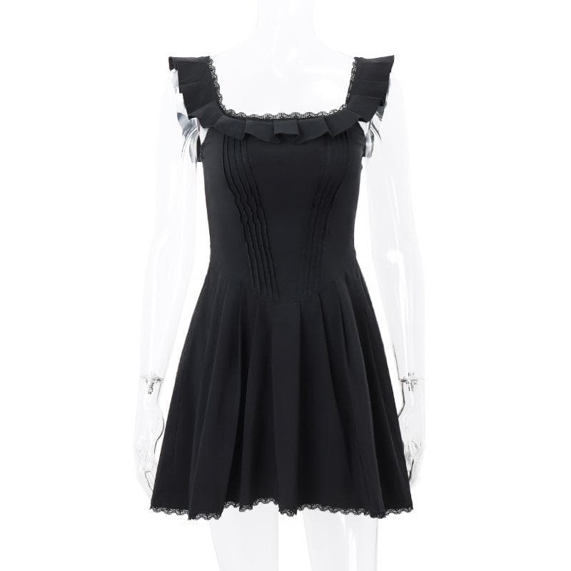 Cap sleeve square neck ruffle pleated solid zip-up mini dress