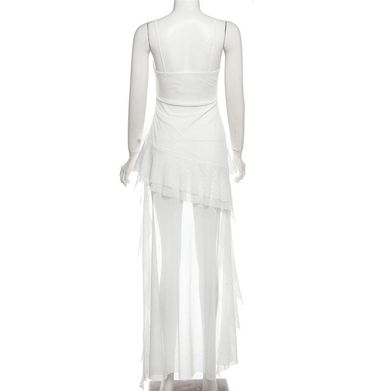Ruched mesh ruffle sweetheart neck cami maxi dress  | Festival Outfits Women