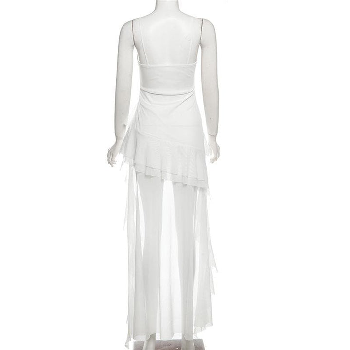 Ruched mesh ruffle sweetheart neck cami maxi dress  | Festival Outfits Women