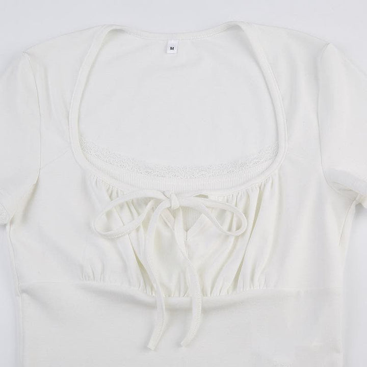 Ruched short sleeve patchwork solid lace hem self tie top