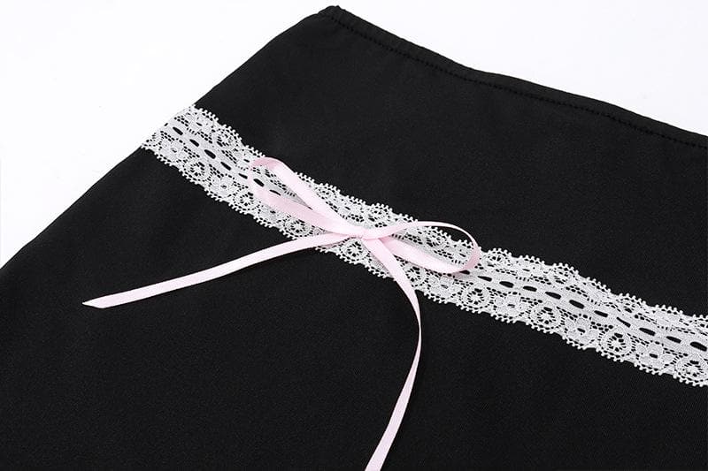 Bowknot lace hem ribbon A line contrast mini skirt  | Festival Outfits Women
