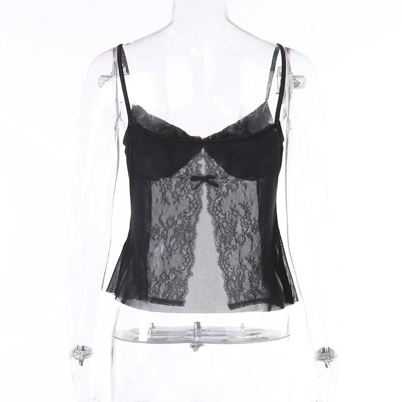 Lace patchwork ruched solid v neck slit cami crop top-final-sale