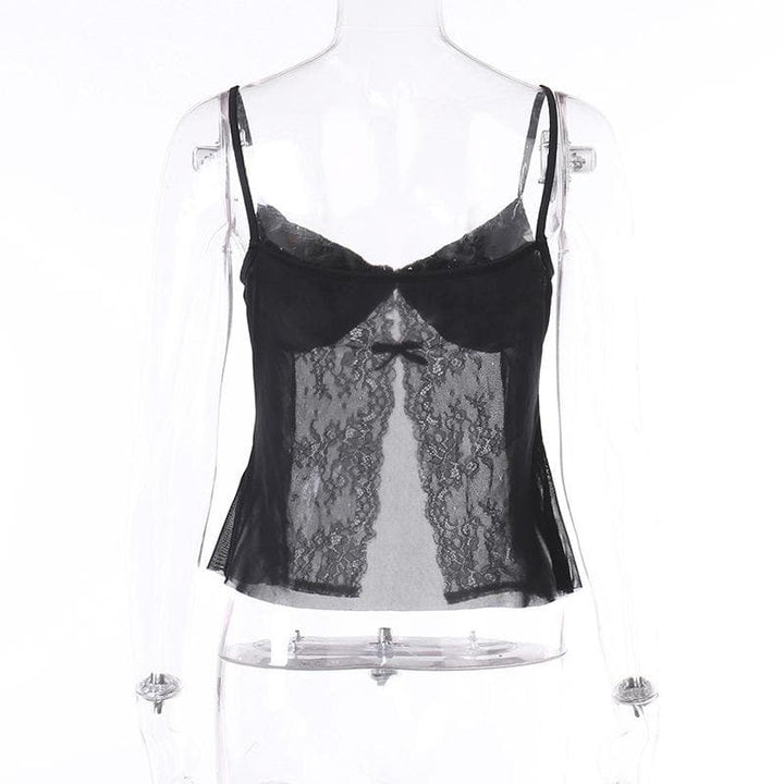 Lace patchwork ruched solid v neck slit cami crop top-final-sale