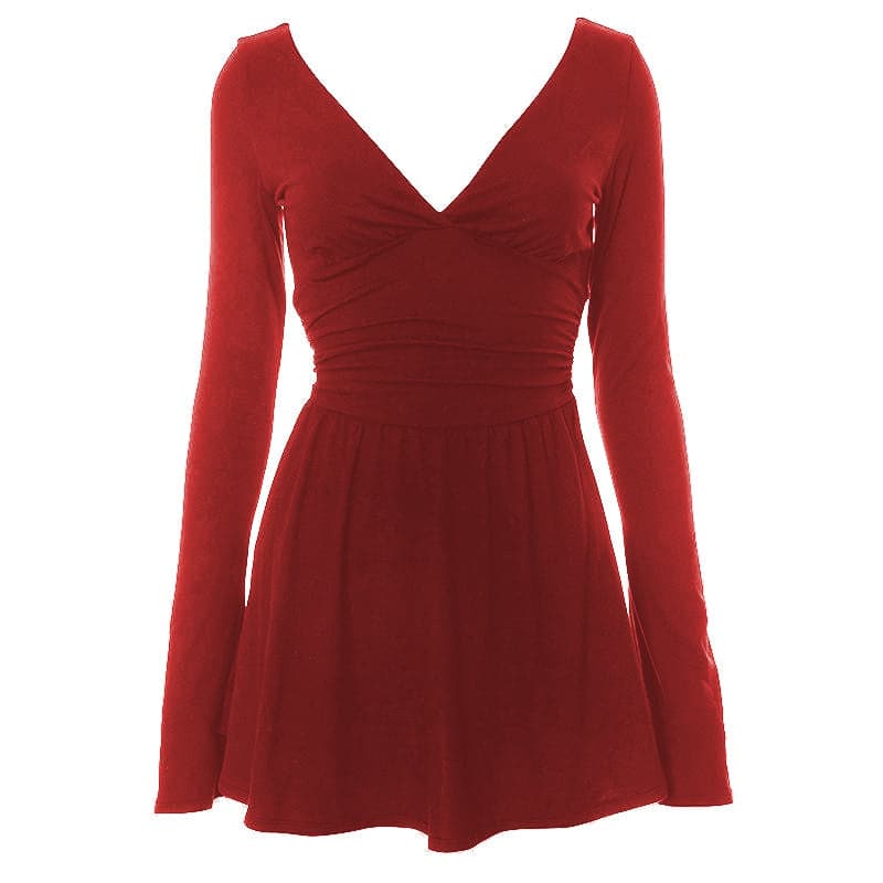 Long flared sleeve backless v neck ruched solid mini dress  | Festival Outfits Women