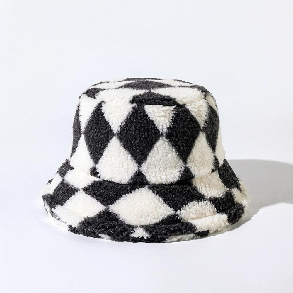 Plaid contrast fluffy fisherman bucket hat