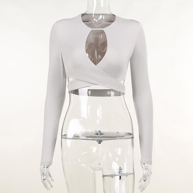 Hollow out solid cross front low cut long sleeve crop cut out top - Final Sale