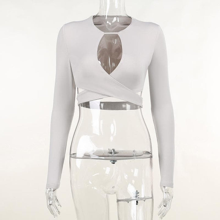 Hollow out solid cross front low cut long sleeve crop cut out top - Final Sale