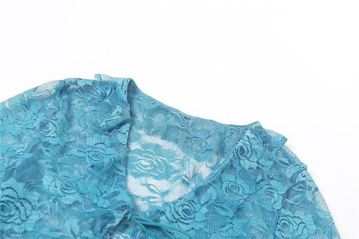 Lace see through self tie long sleeve ruffle maxi skirt set-final-sale