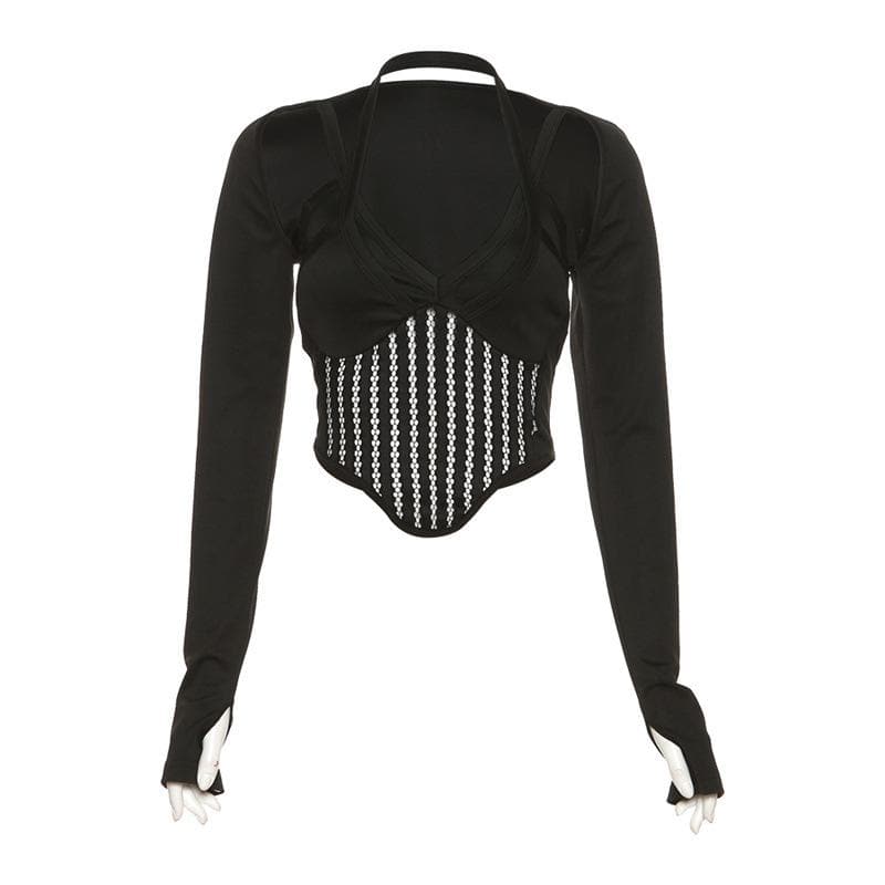 Hollow out halter solid gloves long sleeve crop top - Final Sale