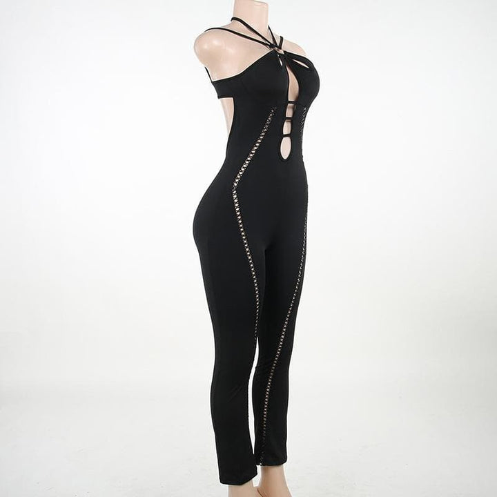Lace up hollow out halter o ring backless solid jumpsuit  | Festival Outfits Women