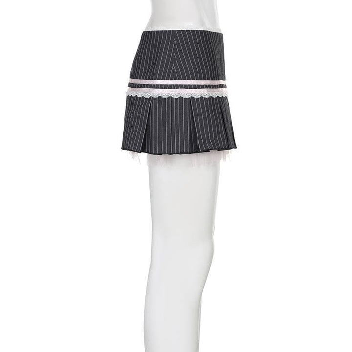 Bowknot lace hem pleated button striped print mini skirt  | Festival Outfits Women