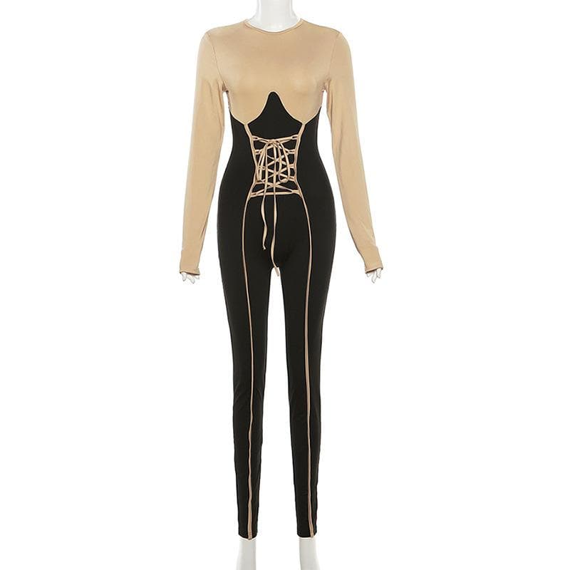 Long sleeve crewneck lace up zip-up stitch jumpsuit  | Festival Outfits Women