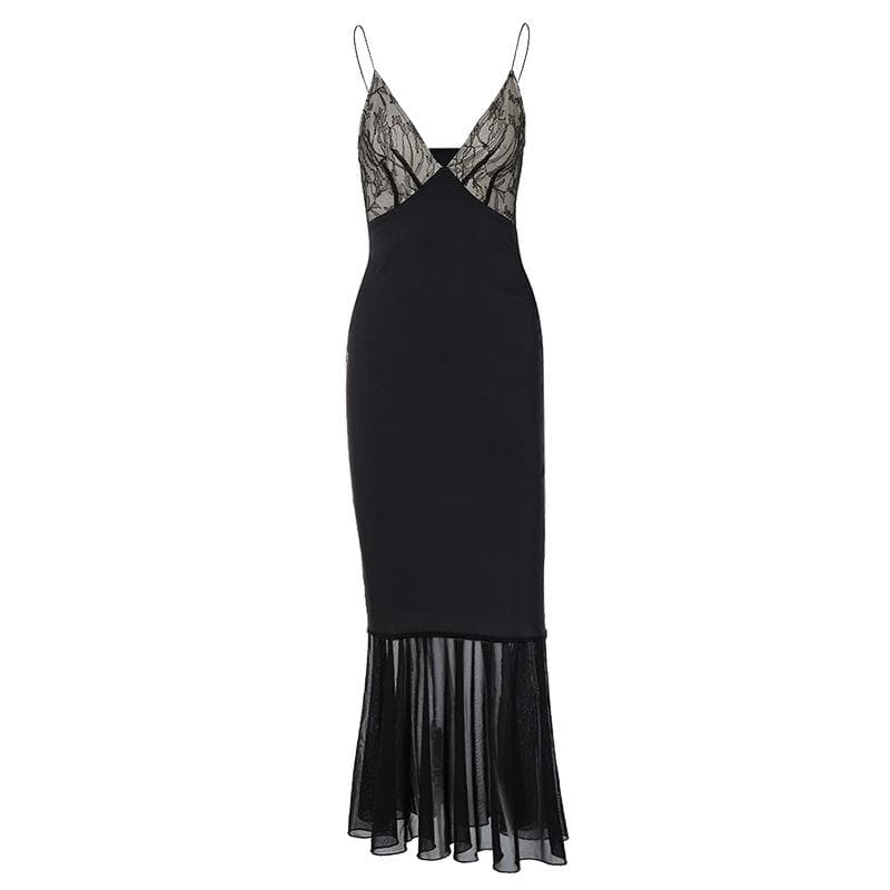 Lace patchwork contrast ruched v neck backless midi dress  | Festival Outfits Women