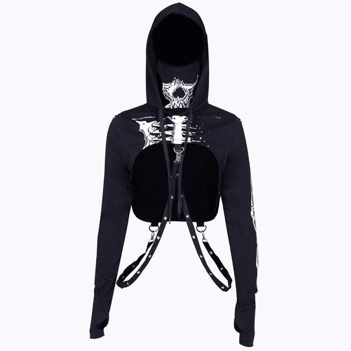 Long sleeve hoodie skeleton print buckle gloves contrast shrug top  | Festival Outfits Women
