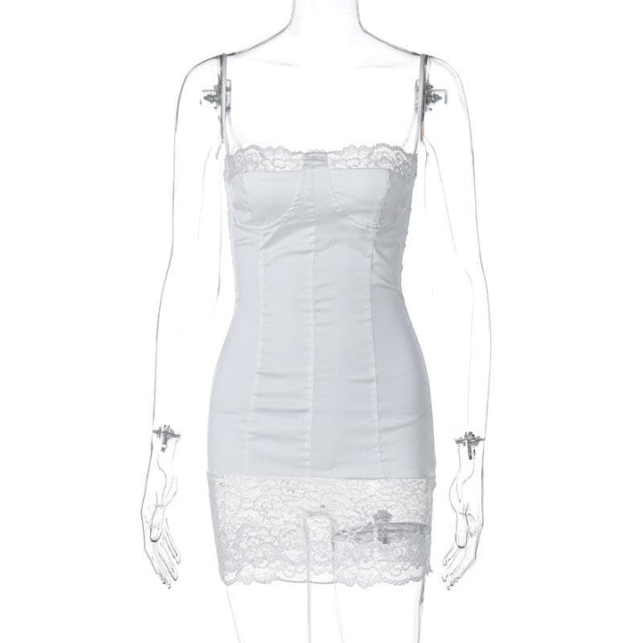Lace patchwork stitch zip-up backless cami mini dress  | Festival Outfits Women