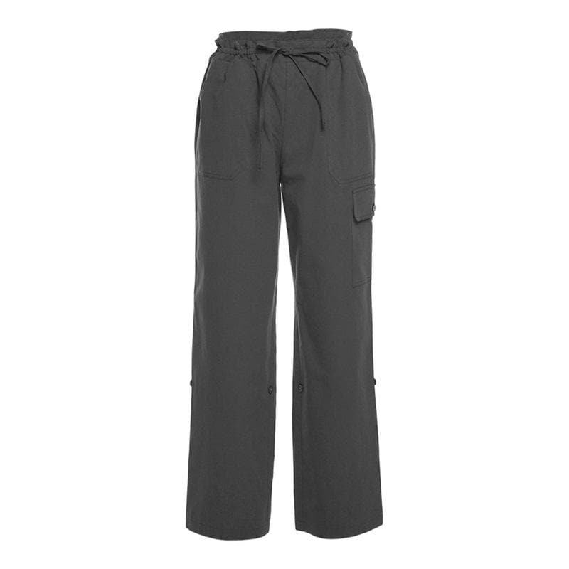 Solid cargo pocket self tie low rise straight leg Parachute pants