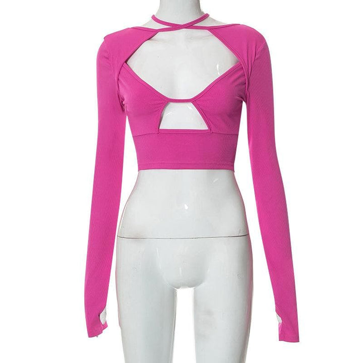 Ribbed cross front solid long sleeve gloves hollow out crop top-final-sale