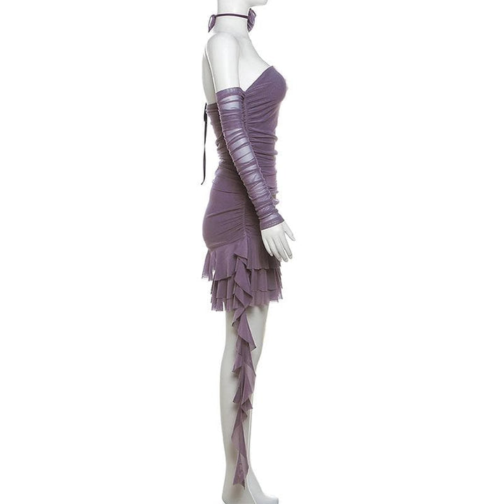 Long sleeve sheer mesh flower applique mini dress  | Festival Outfits Women