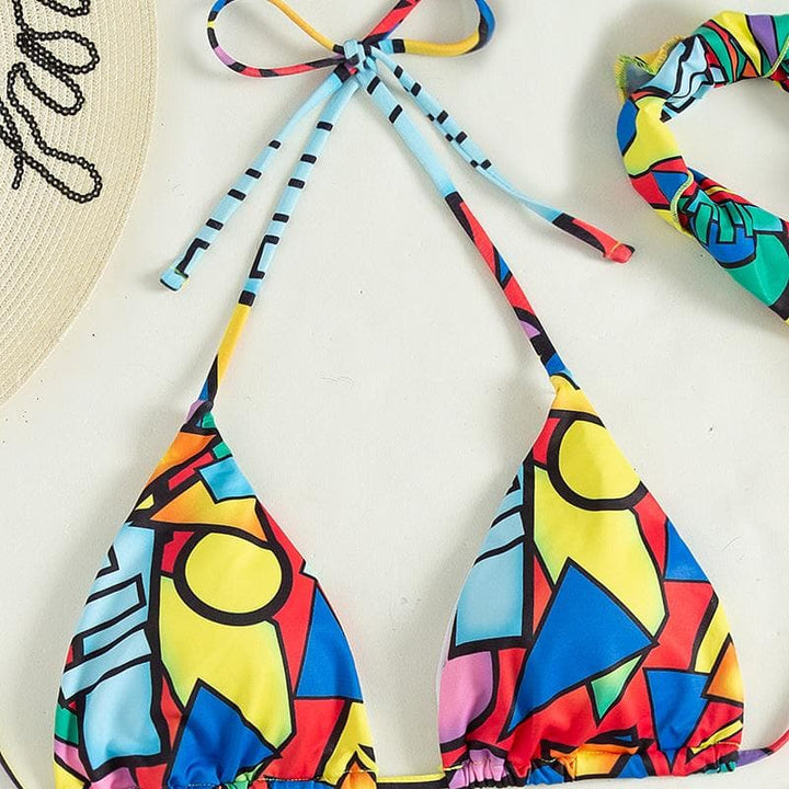 Contrast print self tie halter backless 3 piece swimwear