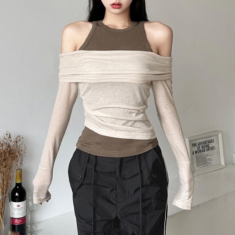 Contrast long sleeve 2-way off shoulder 2 piece top
