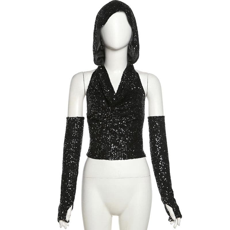 Glitter cowl neck hoodie gloves backless halter crop top  | Festival Outfits Women