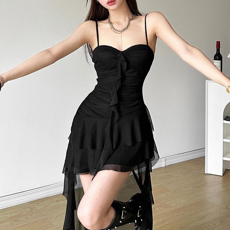 Ruched mesh ruffle sweetheart neck cami maxi dress  | Festival Outfits Women