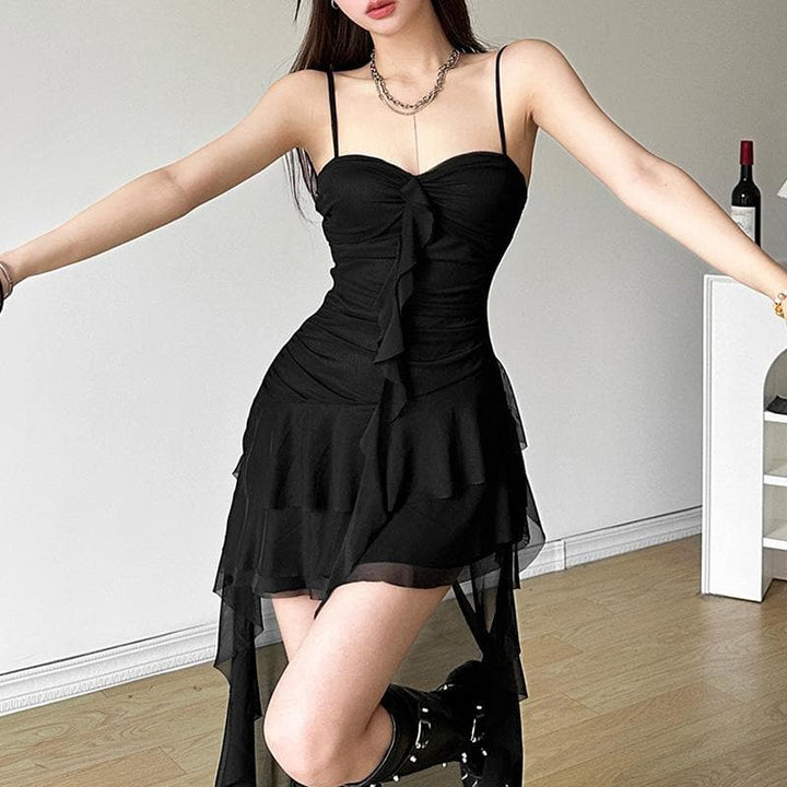 Ruched mesh ruffle sweetheart neck cami maxi dress  | Festival Outfits Women