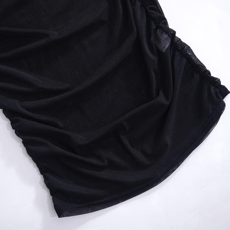 Sheer mesh see through one shoulder ruched irregular midi dress