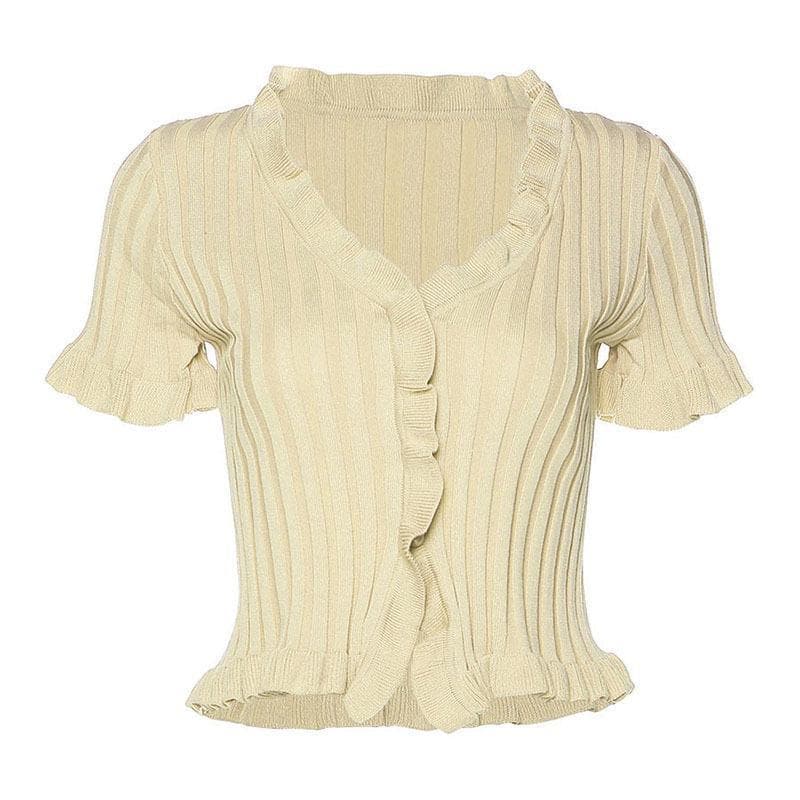 Short sleeve ribbed ruffled buttoned crop top - Halibuy
