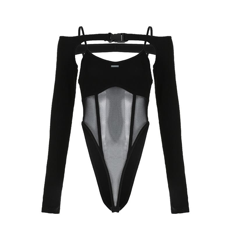 Buckle mesh off shoulder long sleeve solid shrug 2 piece bodysuit  | Festival Outfits Women