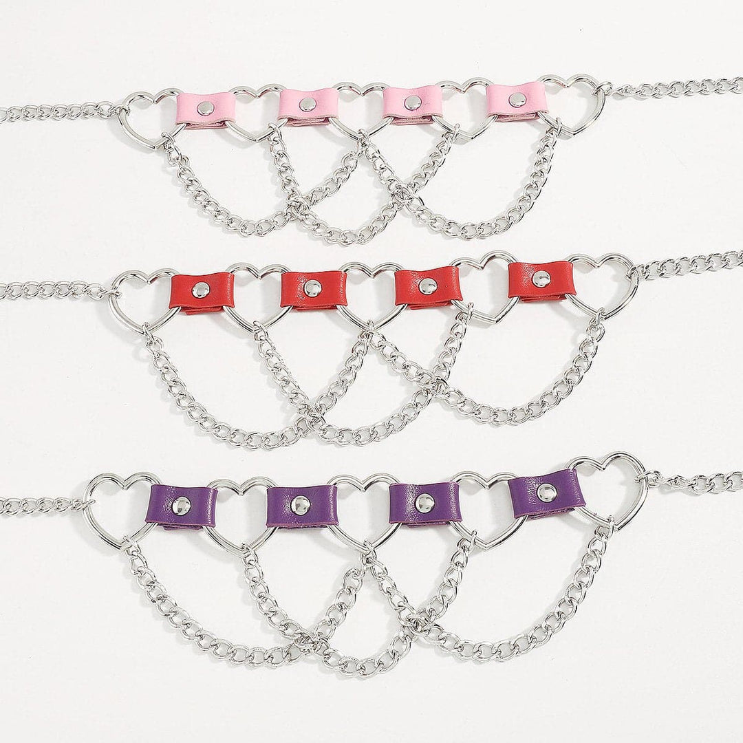 Heart ring PU chain layered choker necklace