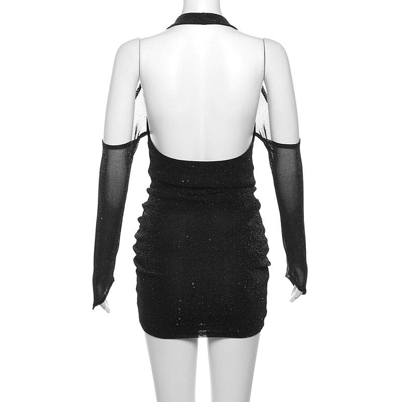 Long sleeve off shoulder halter cowl neck glitter mesh mini dress  | Festival Outfits Women-final-sale