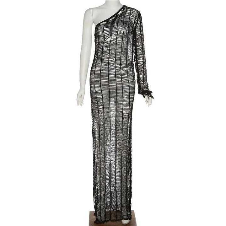 Knitted see through one shoulder long sleeve solid crochet maxi dress-final-sale