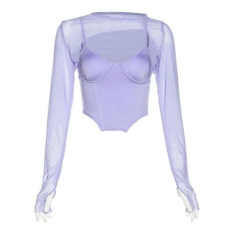 Long sleeve mesh see-through two piece set - Halibuy